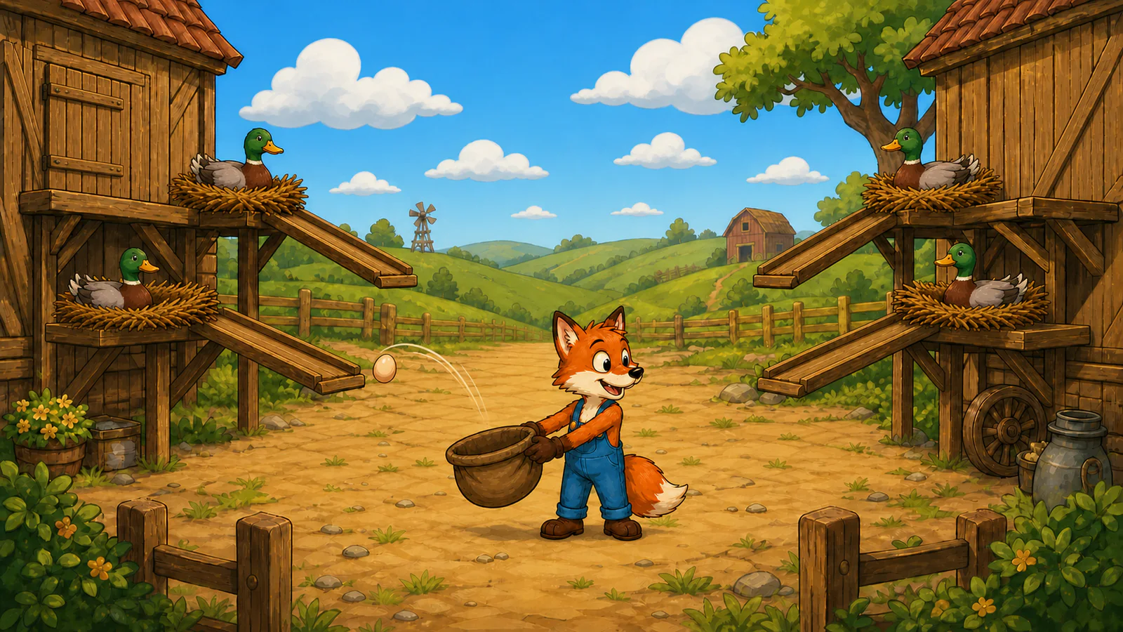 Fox & Hunter farmyard and the fox catching an egg.